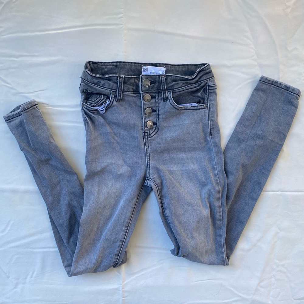 Girls RSQ Gray Black Denim Wash Jeans With Buttons
